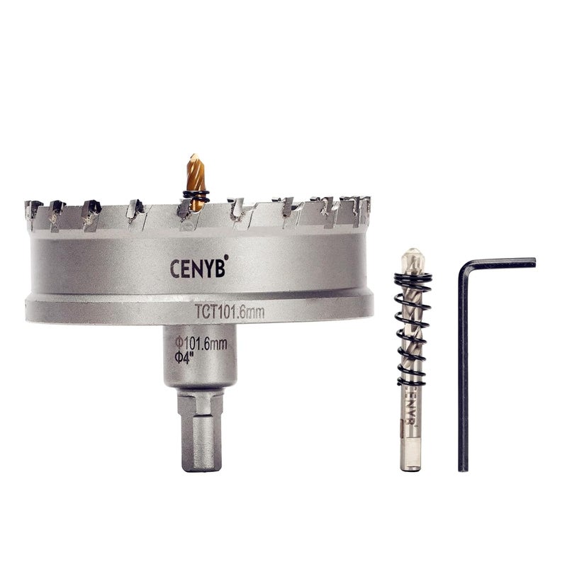 cenyb 4" (101.6mm) Tungsten Carbide Tipped Hole Saw with 2Pcs Titanium-Plated Pilot Drill Bits for Hard Metal,Stainless Steel,Iron,Aluminum Alloy,Wood and Plastic - Image 1